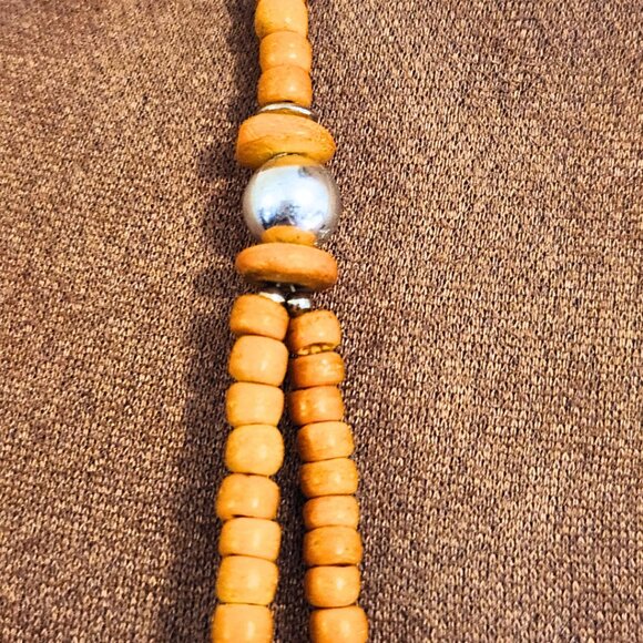 Boho Statement Necklace | Double Strand Orange Wood & Silver Beads | 27" Length - Picture 3 of 4